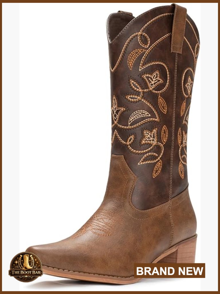 Women's Pointed Toe Cowgirl Boots Mid Calf Western Boots